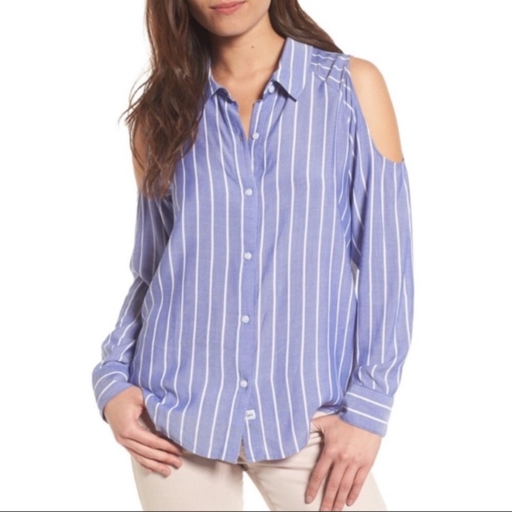 Rails Sadie Ocean Stripe Cold Shoulder Button Front Shirt Blue White Small